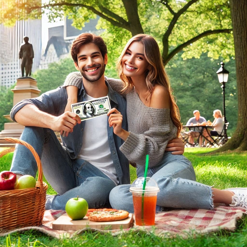 A happy couple enjoying a picnic in Central Park, symbolizing the money saved A happy couple enjoying a picnic in Central Park, symbolizing the money saved